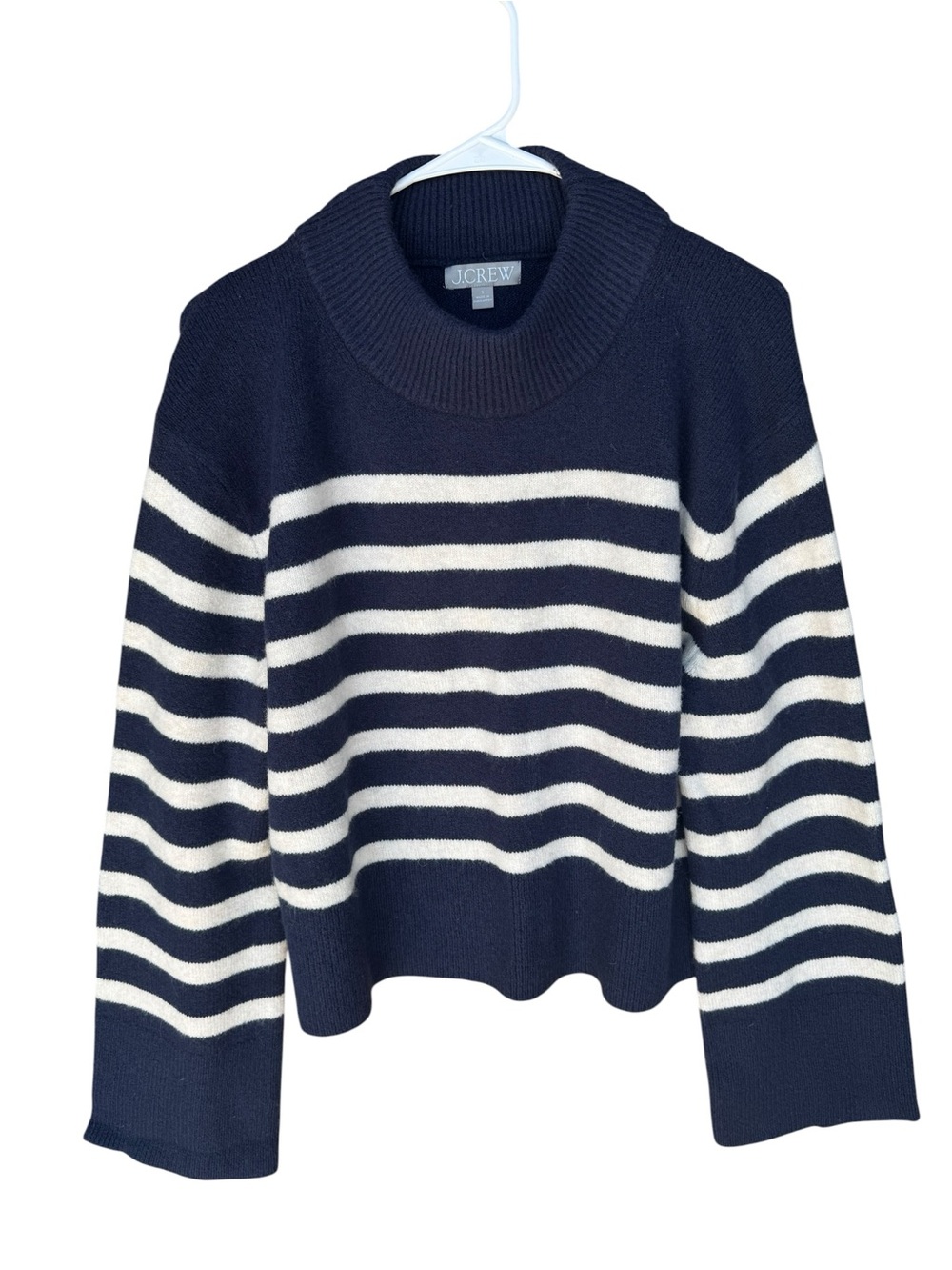J. Crew Wool Blend Navy and White Striped Turtleneck Sweater with Bell Sleeves